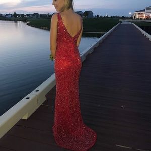 Red Beaded Mac Duggal Prom Gown